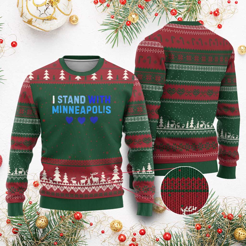 I Stand With Minneapolis Ugly Christmas Sweater Blue Heart Solidarity Support Minnesota Strong