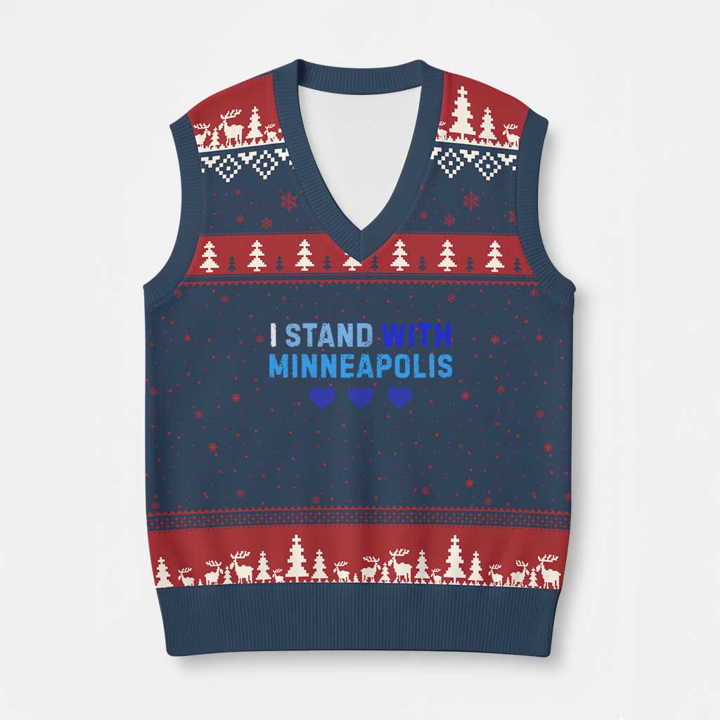 I Stand With Minneapolis V-Neck Knit Sweater Vest Blue Heart Solidarity Support Minnesota Strong