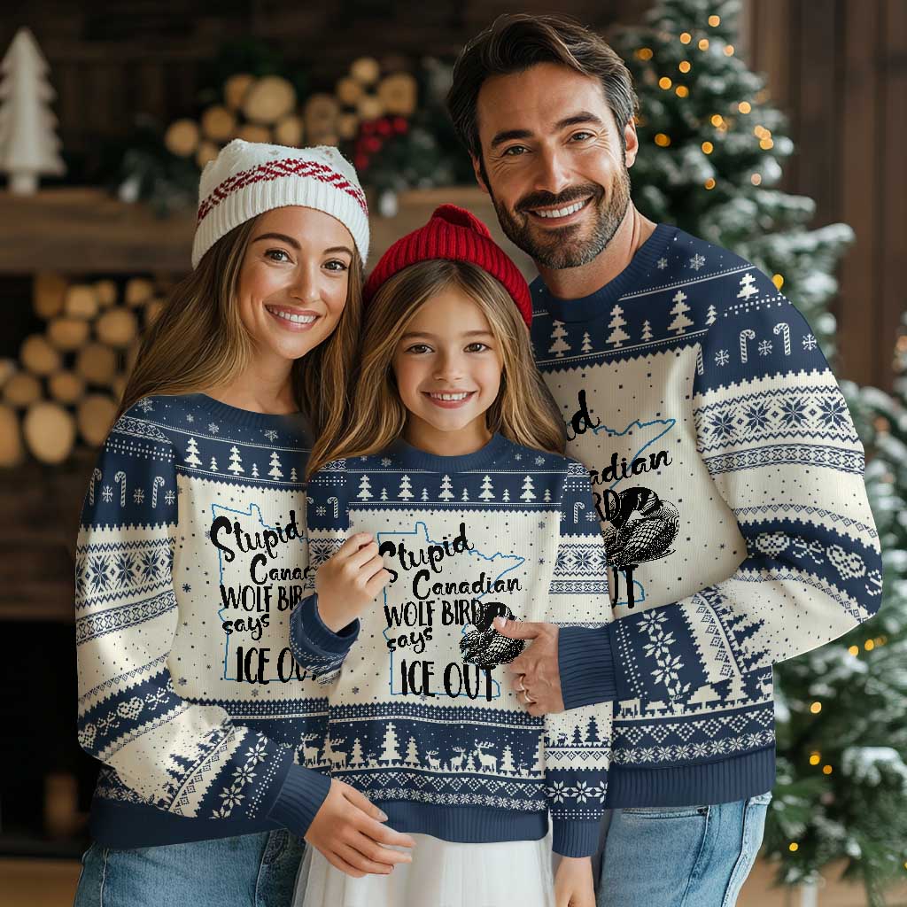 Stupid Canadian Wolf Bird Says Ice Out Ugly Christmas Sweater Funny Activist Loon Minnesota Rebel