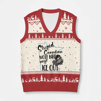 Stupid Canadian Wolf Bird Says Ice Out V-Neck Knit Sweater Vest Funny Activist Loon Minnesota Rebel