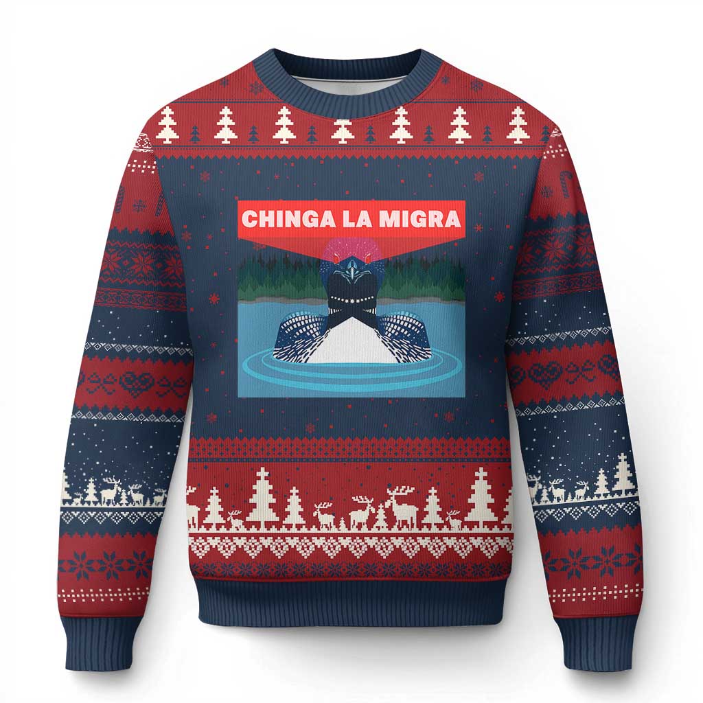 Chinga La Migra Red Eye Laser Loon Ugly Christmas Sweater Political Resist Ice Minnesota Protest
