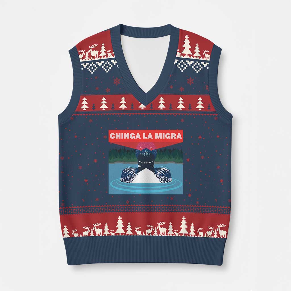 Chinga La Migra Red Eye Laser Loon V-Neck Knit Sweater Vest Political Resist Ice Minnesota Protest