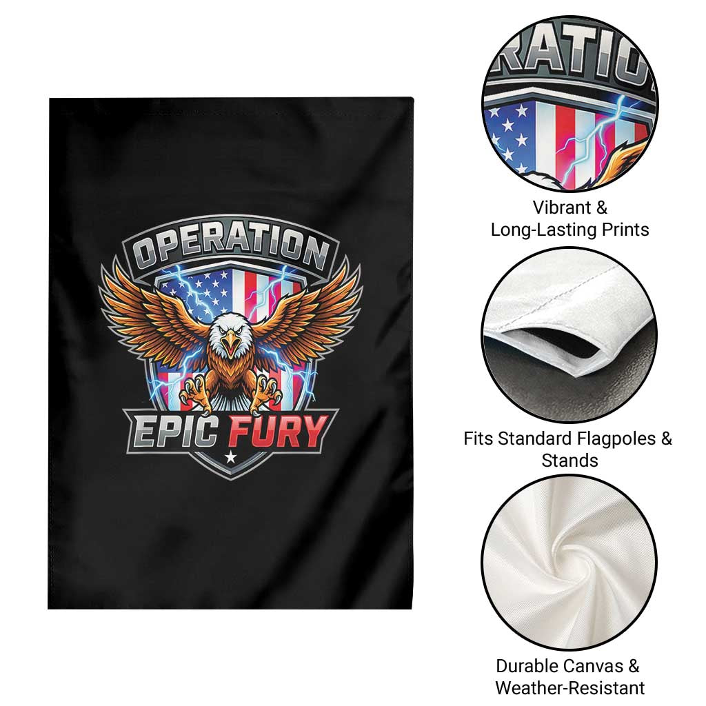 Operation Epic Fury Patriotic Bald Eagle Garden Flag American Flag Shield Graphic Freedom Pride
