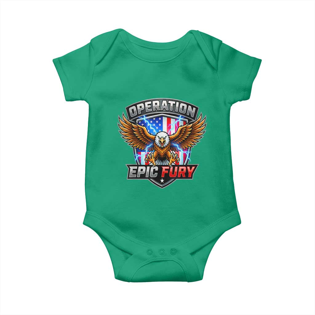 Operation Epic Fury Patriotic Bald Eagle Baby Onesie American Flag Shield Graphic Freedom Pride