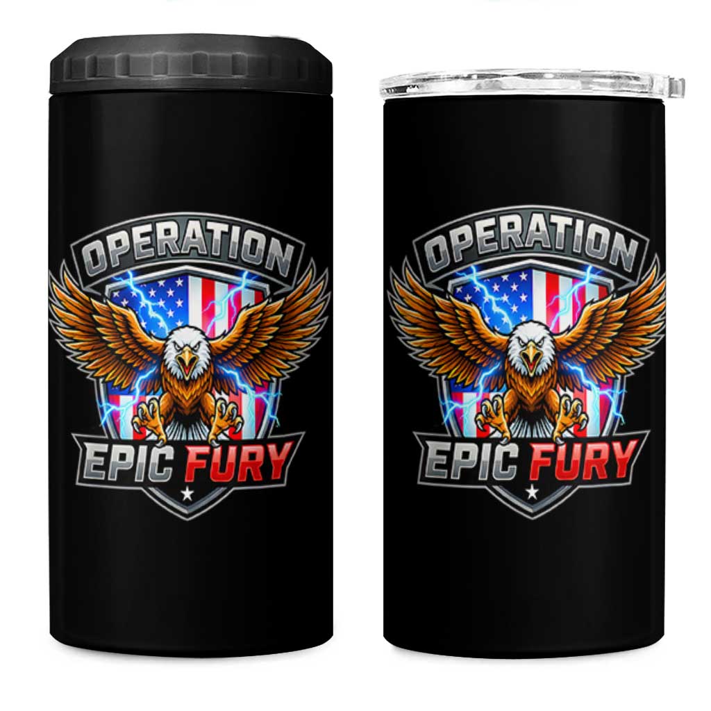Operation Epic Fury Patriotic Bald Eagle 4 in 1 Can Cooler Tumbler American Flag Shield Graphic Freedom Pride