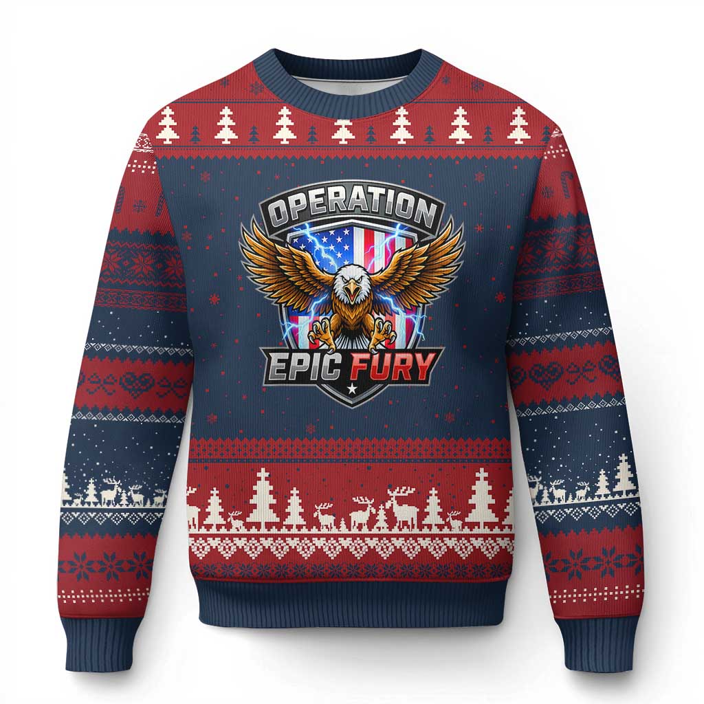 Operation Epic Fury Patriotic Bald Eagle Ugly Christmas Sweater American Flag Shield Graphic Freedom Pride