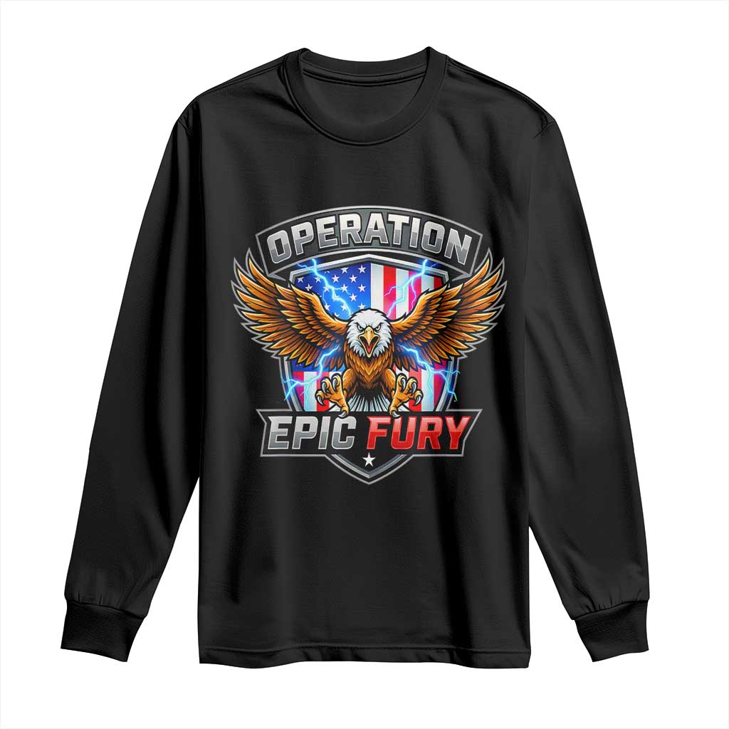 Operation Epic Fury Patriotic Bald Eagle Long Sleeve Shirt American Flag Shield Graphic Freedom Pride