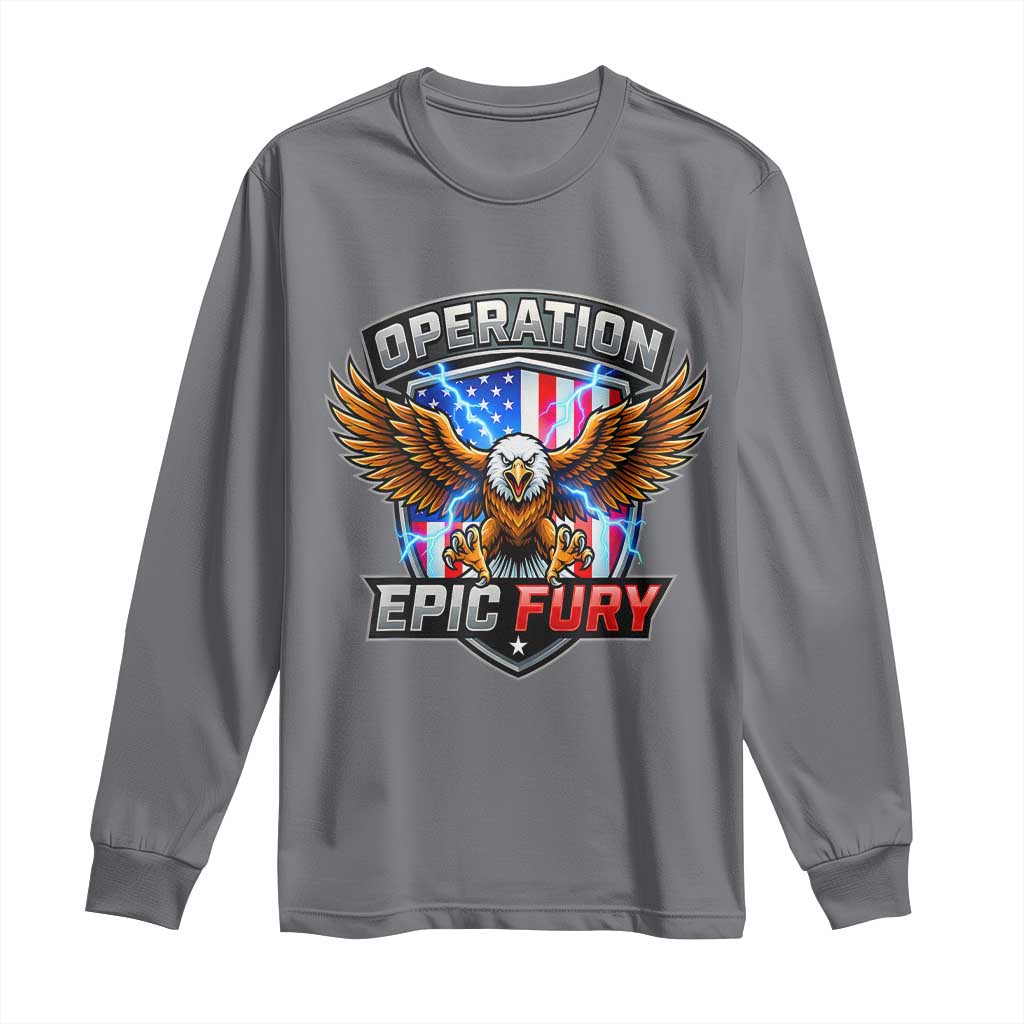 Operation Epic Fury Patriotic Bald Eagle Long Sleeve Shirt American Flag Shield Graphic Freedom Pride