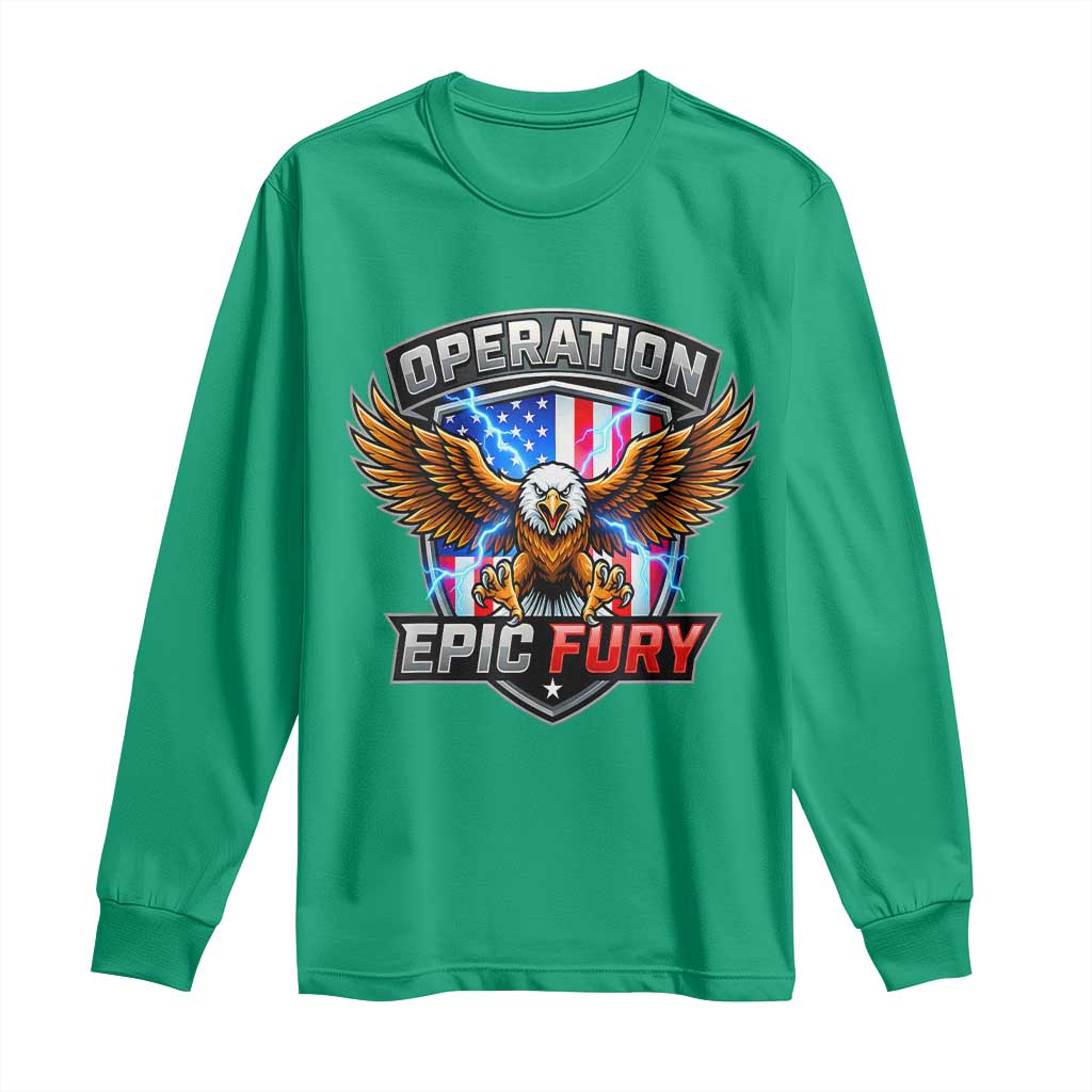 Operation Epic Fury Patriotic Bald Eagle Long Sleeve Shirt American Flag Shield Graphic Freedom Pride