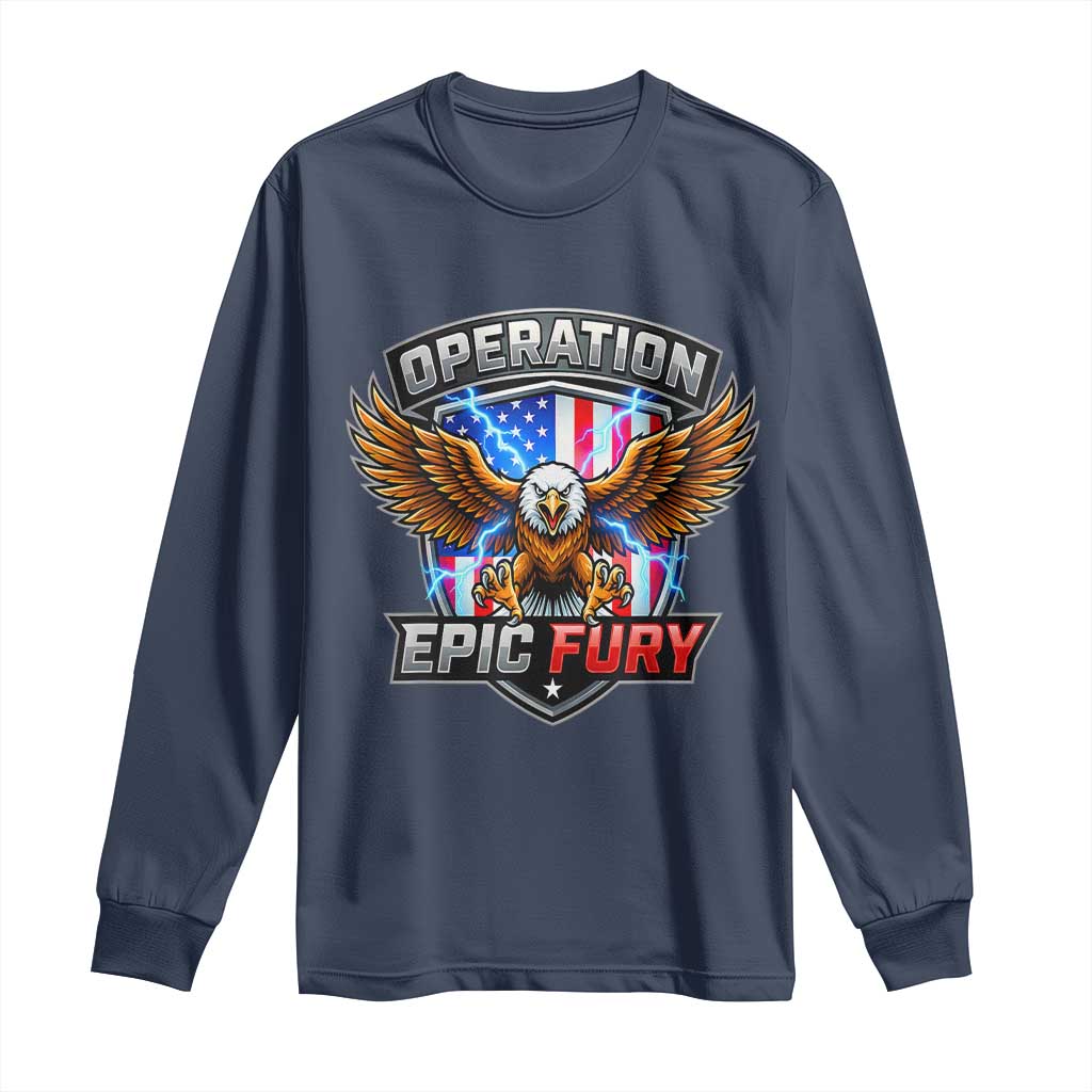 Operation Epic Fury Patriotic Bald Eagle Long Sleeve Shirt American Flag Shield Graphic Freedom Pride