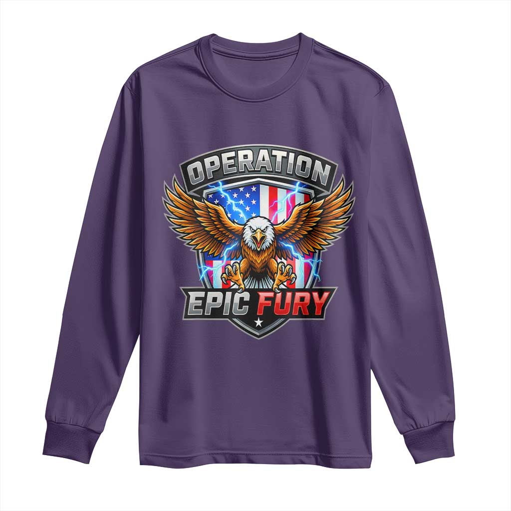 Operation Epic Fury Patriotic Bald Eagle Long Sleeve Shirt American Flag Shield Graphic Freedom Pride