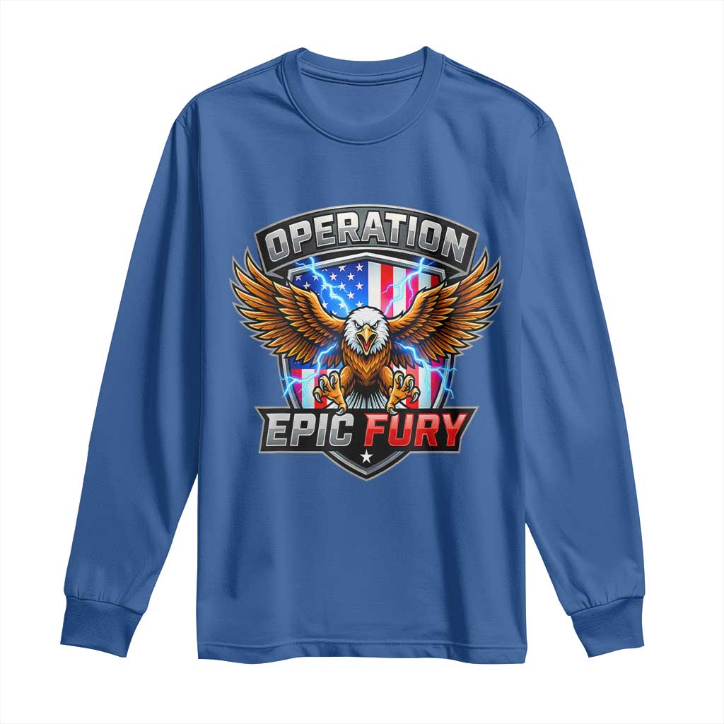 Operation Epic Fury Patriotic Bald Eagle Long Sleeve Shirt American Flag Shield Graphic Freedom Pride