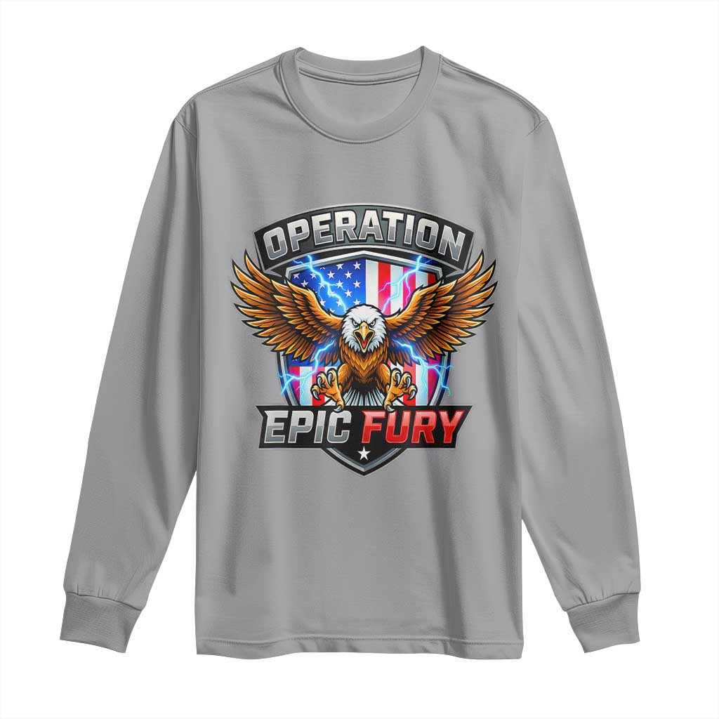 Operation Epic Fury Patriotic Bald Eagle Long Sleeve Shirt American Flag Shield Graphic Freedom Pride