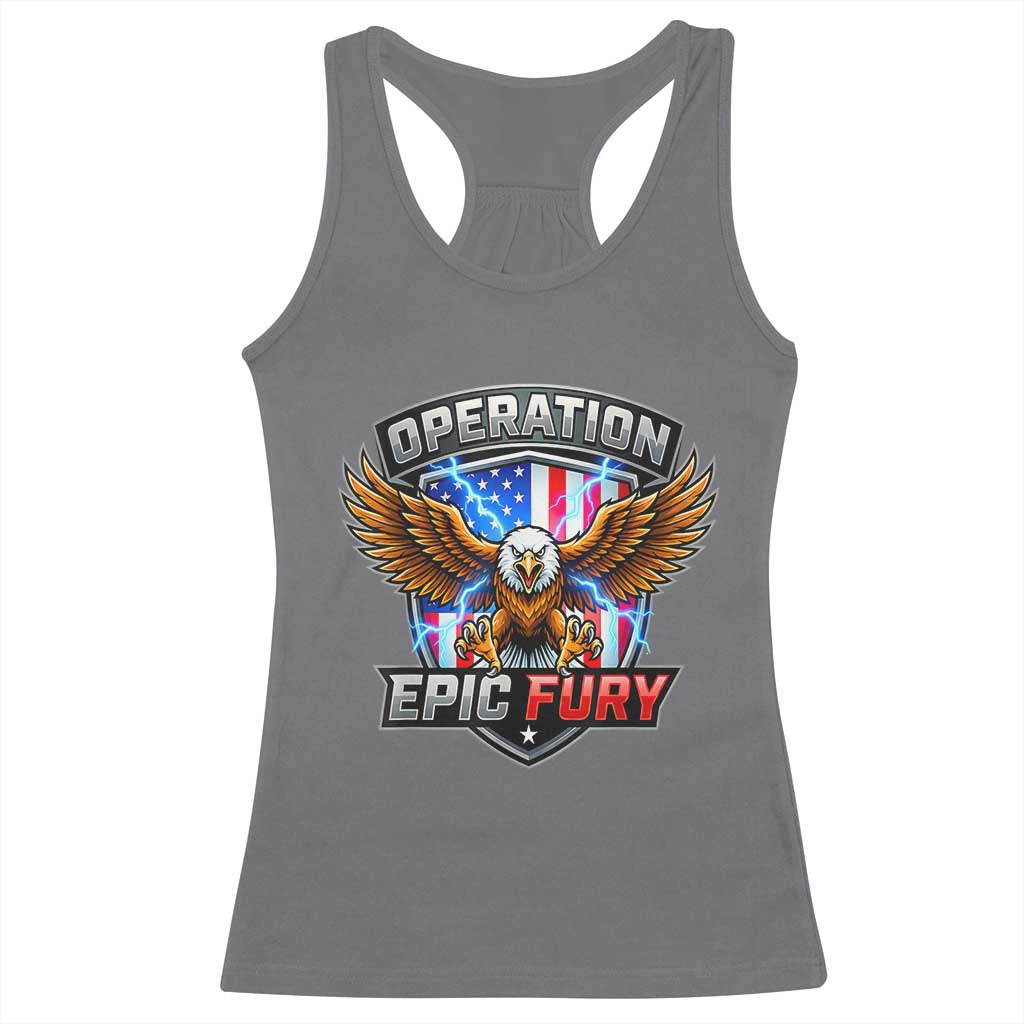 Operation Epic Fury Patriotic Bald Eagle Racerback Tank Top American Flag Shield Graphic Freedom Pride