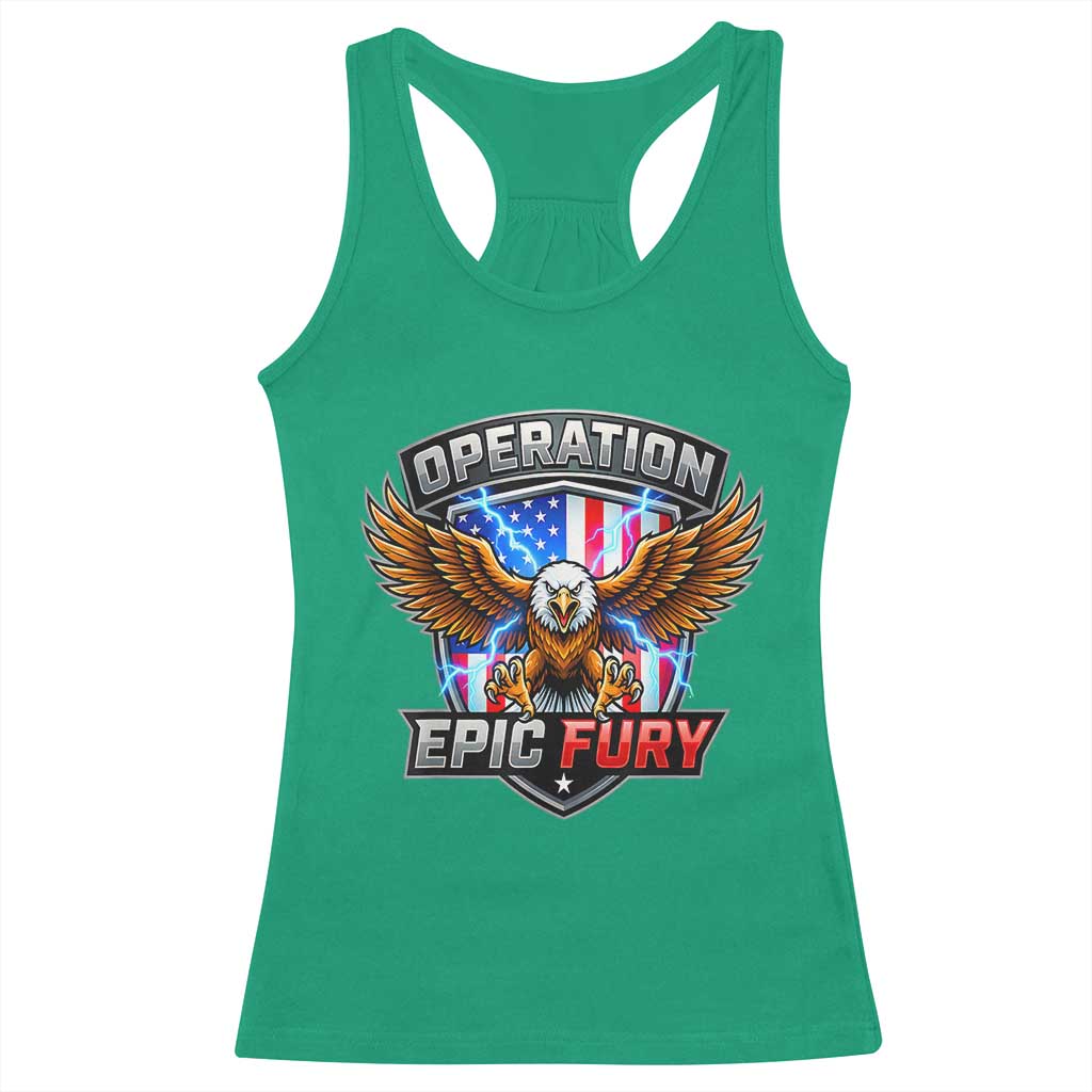 Operation Epic Fury Patriotic Bald Eagle Racerback Tank Top American Flag Shield Graphic Freedom Pride