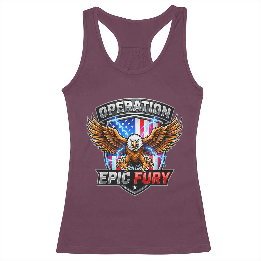 Operation Epic Fury Patriotic Bald Eagle Racerback Tank Top American Flag Shield Graphic Freedom Pride