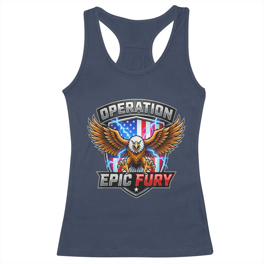 Operation Epic Fury Patriotic Bald Eagle Racerback Tank Top American Flag Shield Graphic Freedom Pride