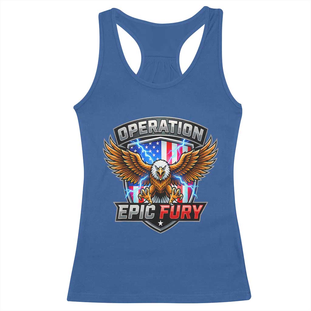 Operation Epic Fury Patriotic Bald Eagle Racerback Tank Top American Flag Shield Graphic Freedom Pride