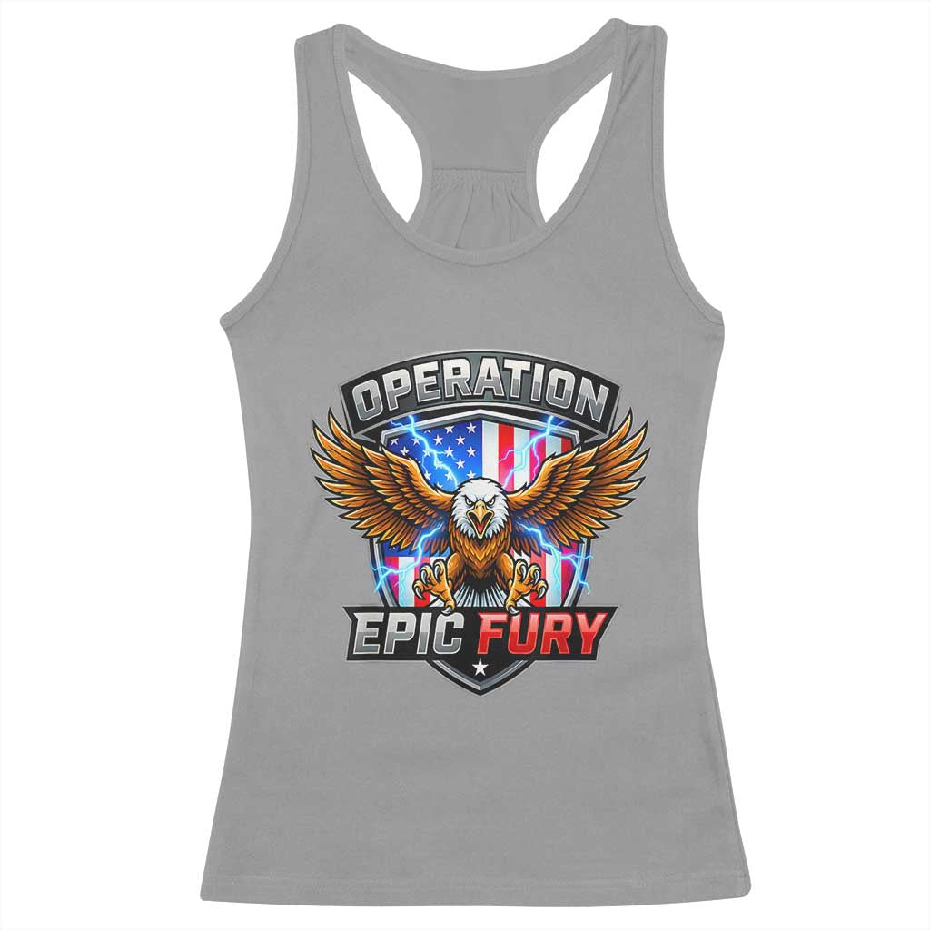 Operation Epic Fury Patriotic Bald Eagle Racerback Tank Top American Flag Shield Graphic Freedom Pride