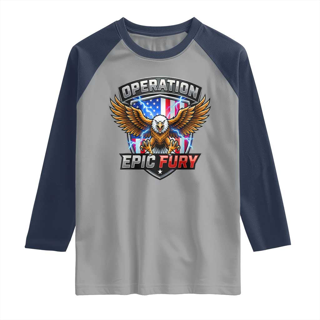 Operation Epic Fury Patriotic Bald Eagle Raglan Shirt American Flag Shield Graphic Freedom Pride