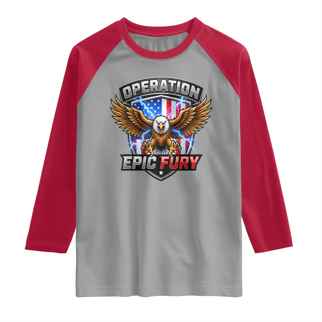 Operation Epic Fury Patriotic Bald Eagle Raglan Shirt American Flag Shield Graphic Freedom Pride