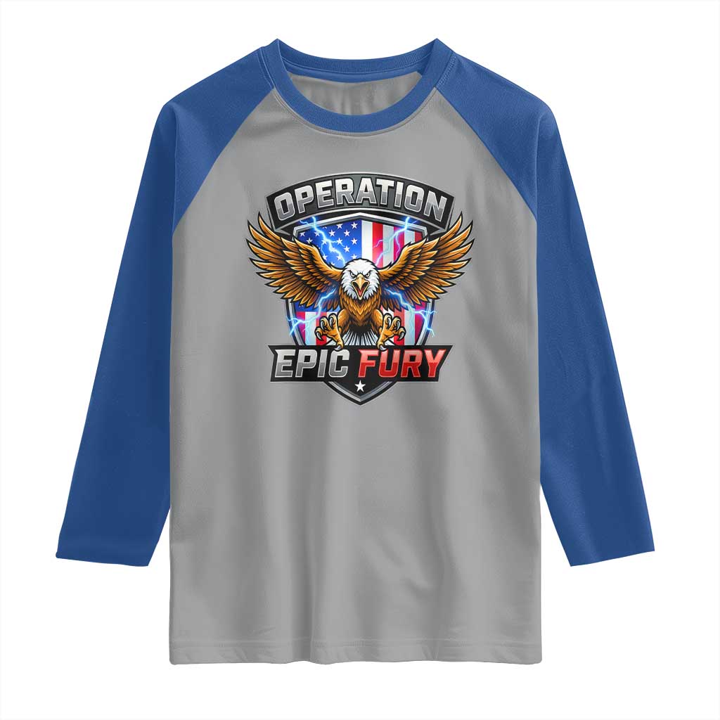 Operation Epic Fury Patriotic Bald Eagle Raglan Shirt American Flag Shield Graphic Freedom Pride