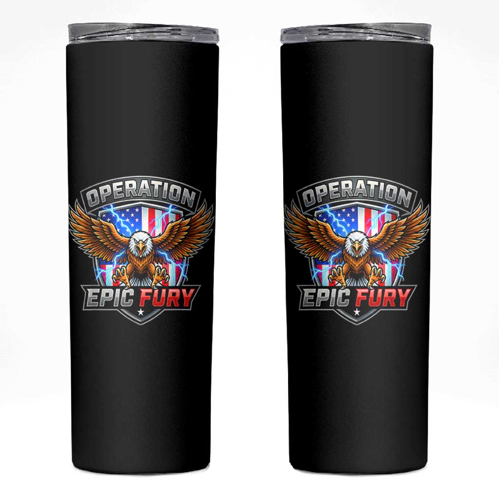 Operation Epic Fury Patriotic Bald Eagle Skinny Tumbler American Flag Shield Graphic Freedom Pride