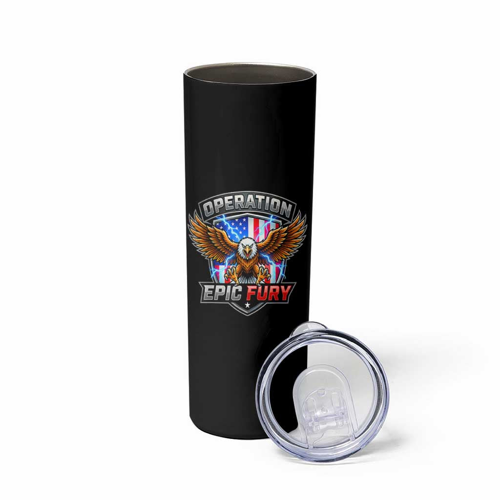 Operation Epic Fury Patriotic Bald Eagle Skinny Tumbler American Flag Shield Graphic Freedom Pride