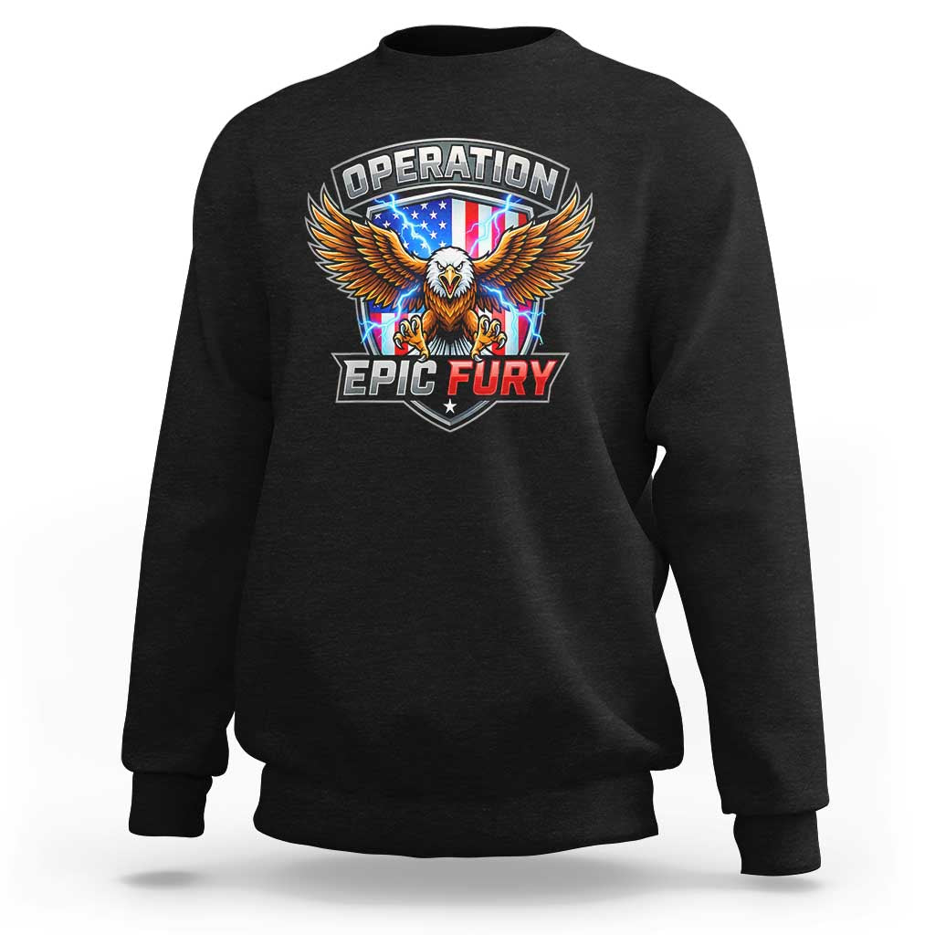 Operation Epic Fury Patriotic Bald Eagle Sweatshirt American Flag Shield Graphic Freedom Pride