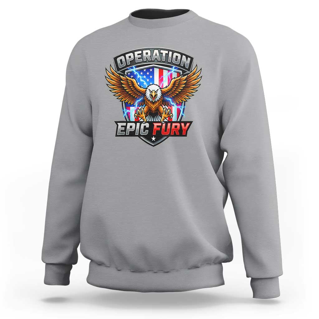 Operation Epic Fury Patriotic Bald Eagle Sweatshirt American Flag Shield Graphic Freedom Pride