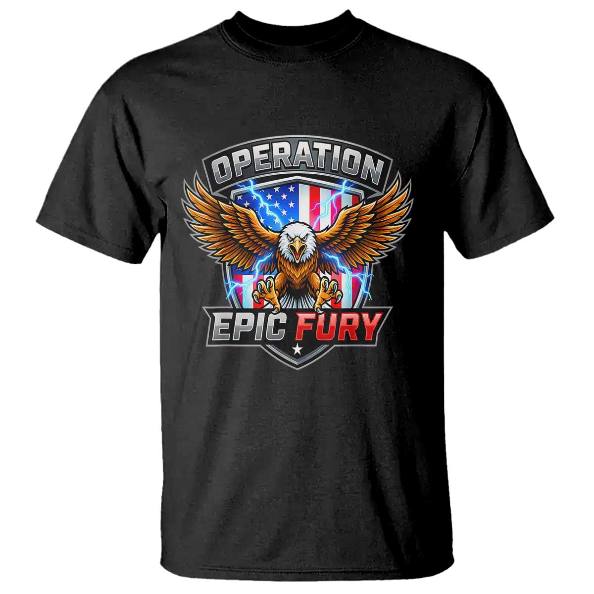 Operation Epic Fury Patriotic Bald Eagle T Shirt American Flag Shield Graphic Freedom Pride
