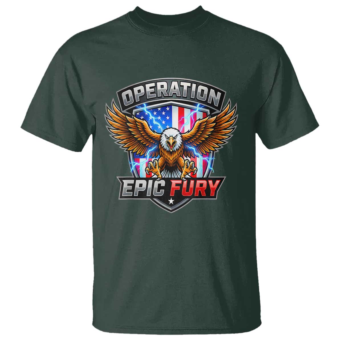 Operation Epic Fury Patriotic Bald Eagle T Shirt American Flag Shield Graphic Freedom Pride