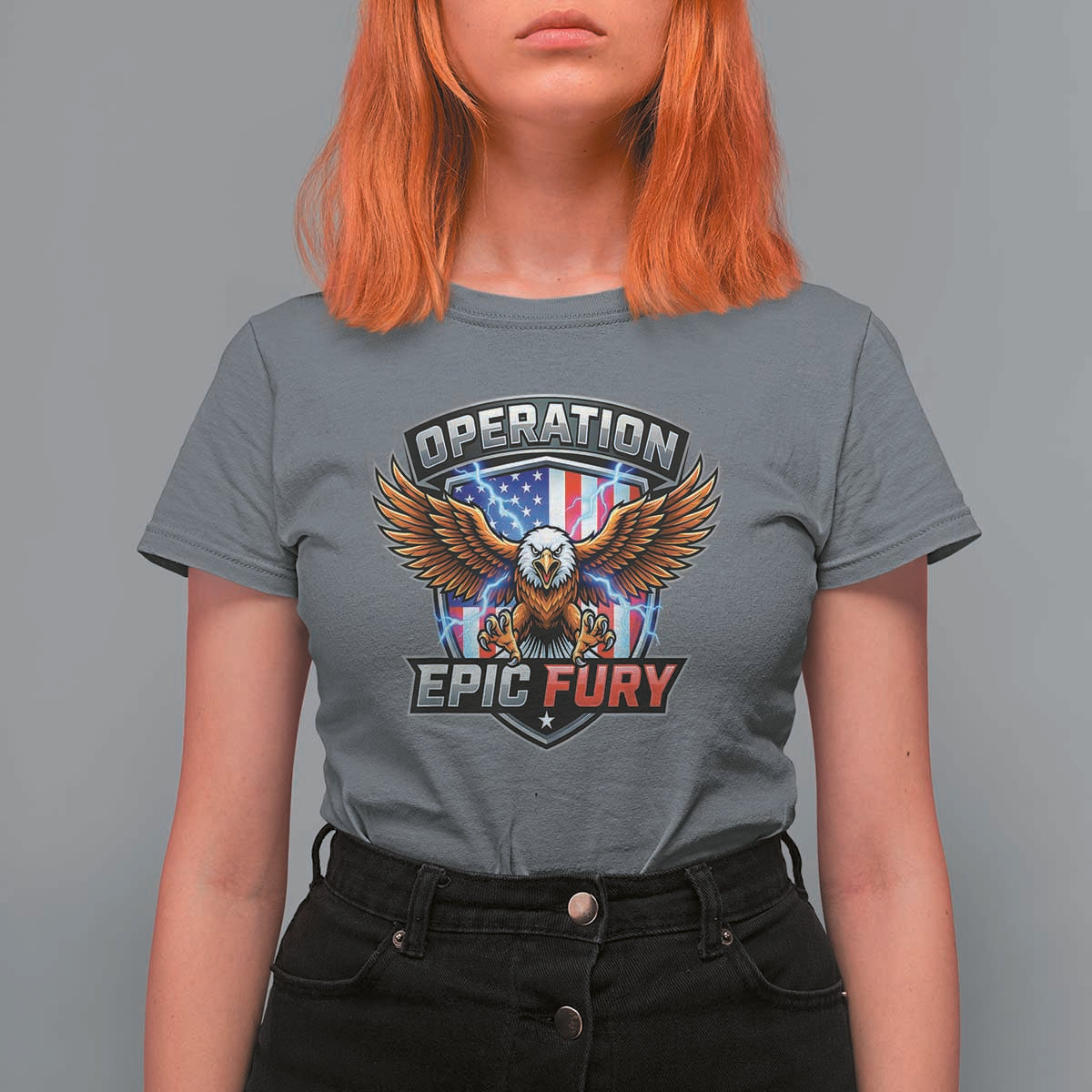 Operation Epic Fury Patriotic Bald Eagle T Shirt For Women American Flag Shield Graphic Freedom Pride