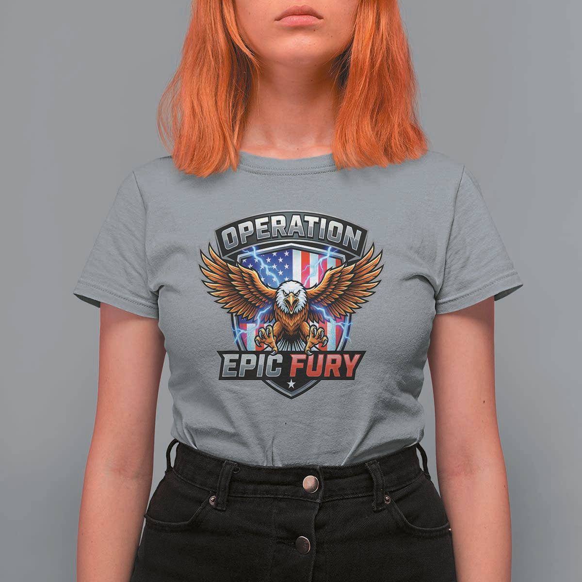 Operation Epic Fury Patriotic Bald Eagle T Shirt For Women American Flag Shield Graphic Freedom Pride