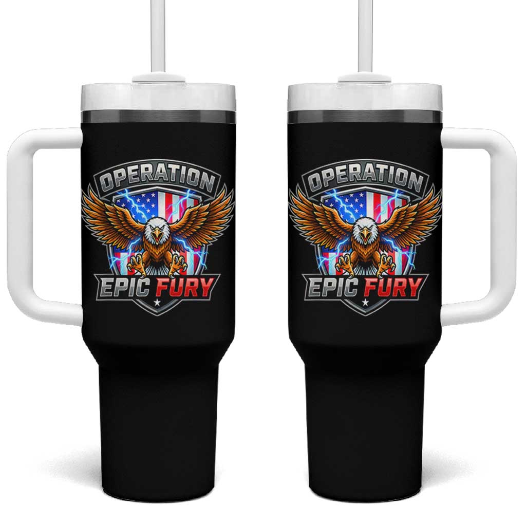 Operation Epic Fury Patriotic Bald Eagle Tumbler With Handle American Flag Shield Graphic Freedom Pride