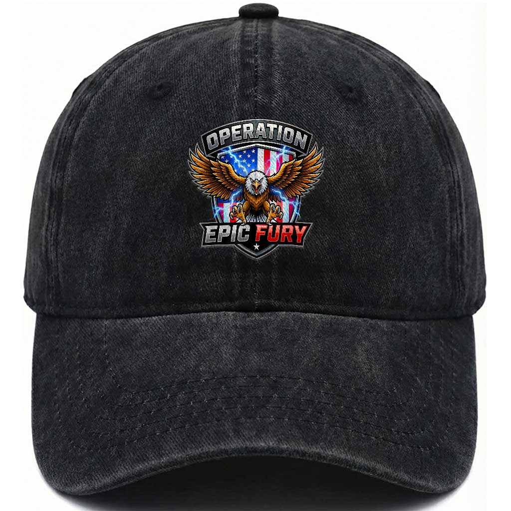 Operation Epic Fury Patriotic Bald Eagle Washed Cotton Baseball Cap American Flag Shield Graphic Freedom Pride