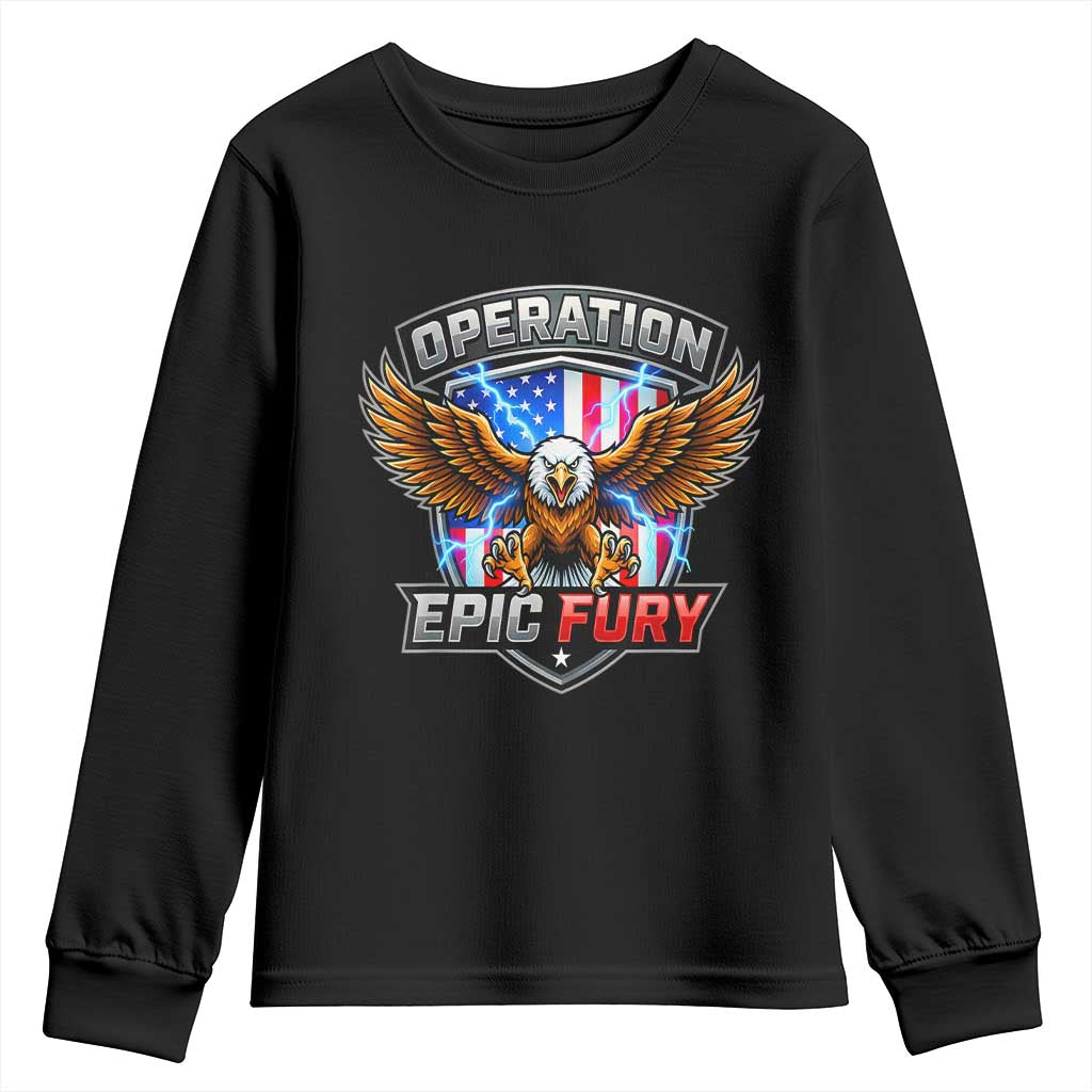 Operation Epic Fury Patriotic Bald Eagle Youth Sweatshirt American Flag Shield Graphic Freedom Pride