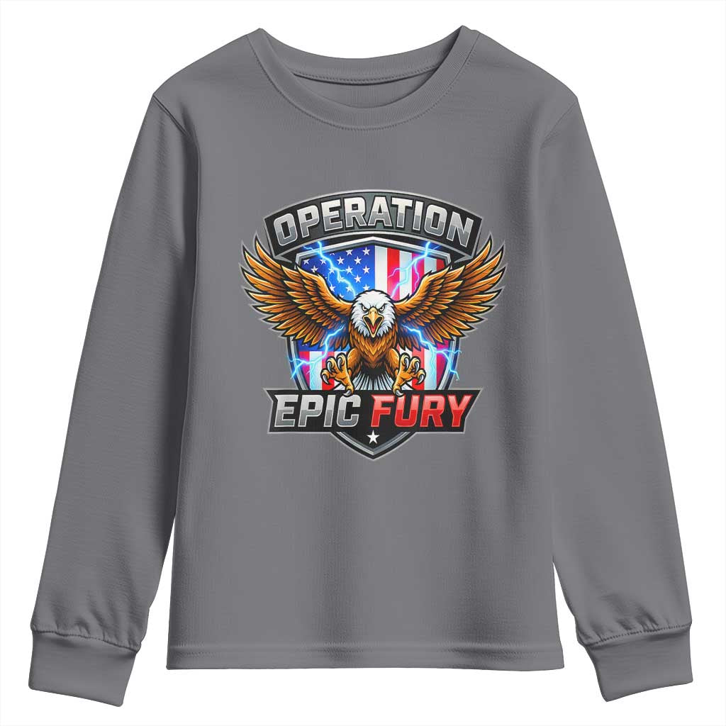 Operation Epic Fury Patriotic Bald Eagle Youth Sweatshirt American Flag Shield Graphic Freedom Pride