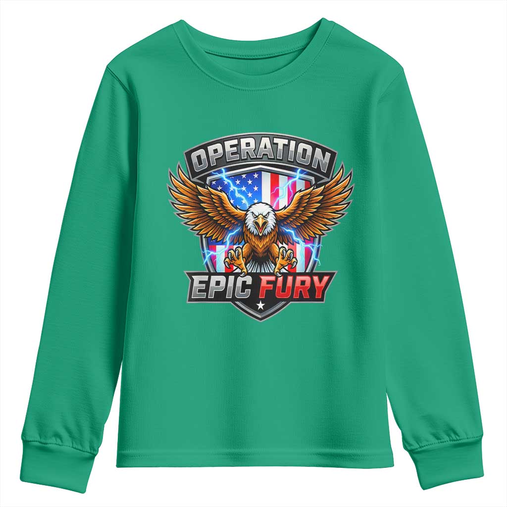 Operation Epic Fury Patriotic Bald Eagle Youth Sweatshirt American Flag Shield Graphic Freedom Pride