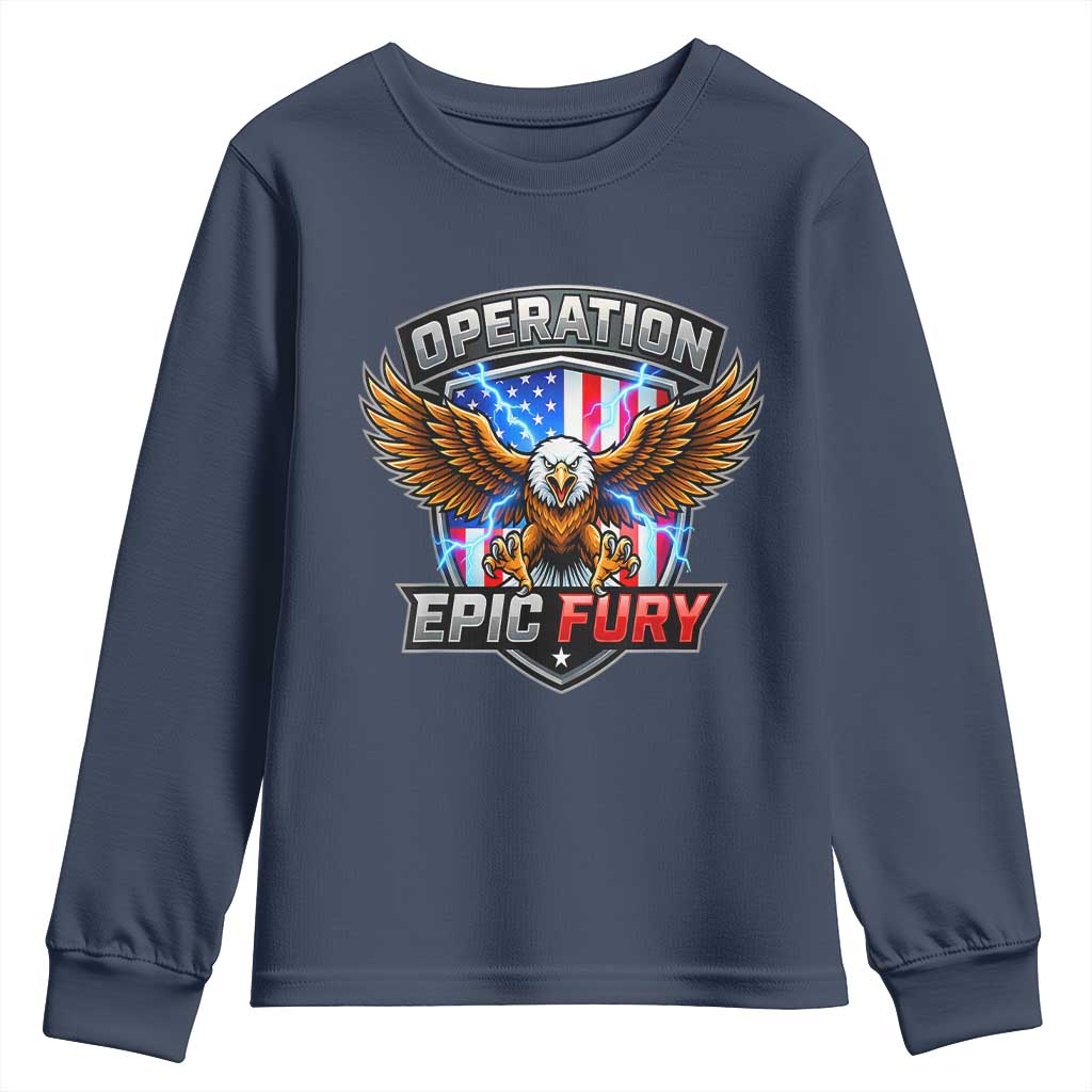 Operation Epic Fury Patriotic Bald Eagle Youth Sweatshirt American Flag Shield Graphic Freedom Pride