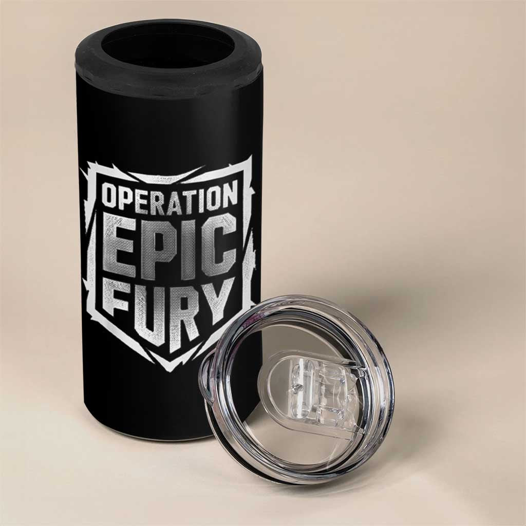 Operation Epic Fury Bold Tactical Shield Graphic 4 in 1 Can Cooler Tumbler Strong Patriotic Statement Freedom Supporters