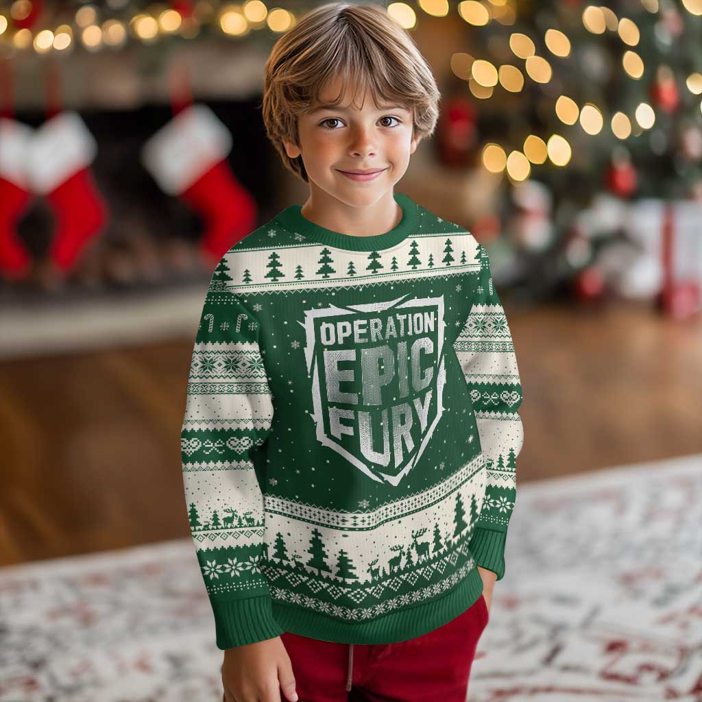 Operation Epic Fury Bold Tactical Shield Graphic Ugly Christmas Sweater Strong Patriotic Statement Freedom Supporters