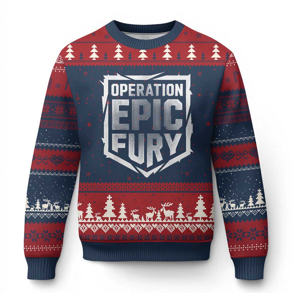 Operation Epic Fury Bold Tactical Shield Graphic Ugly Christmas Sweater Strong Patriotic Statement Freedom Supporters