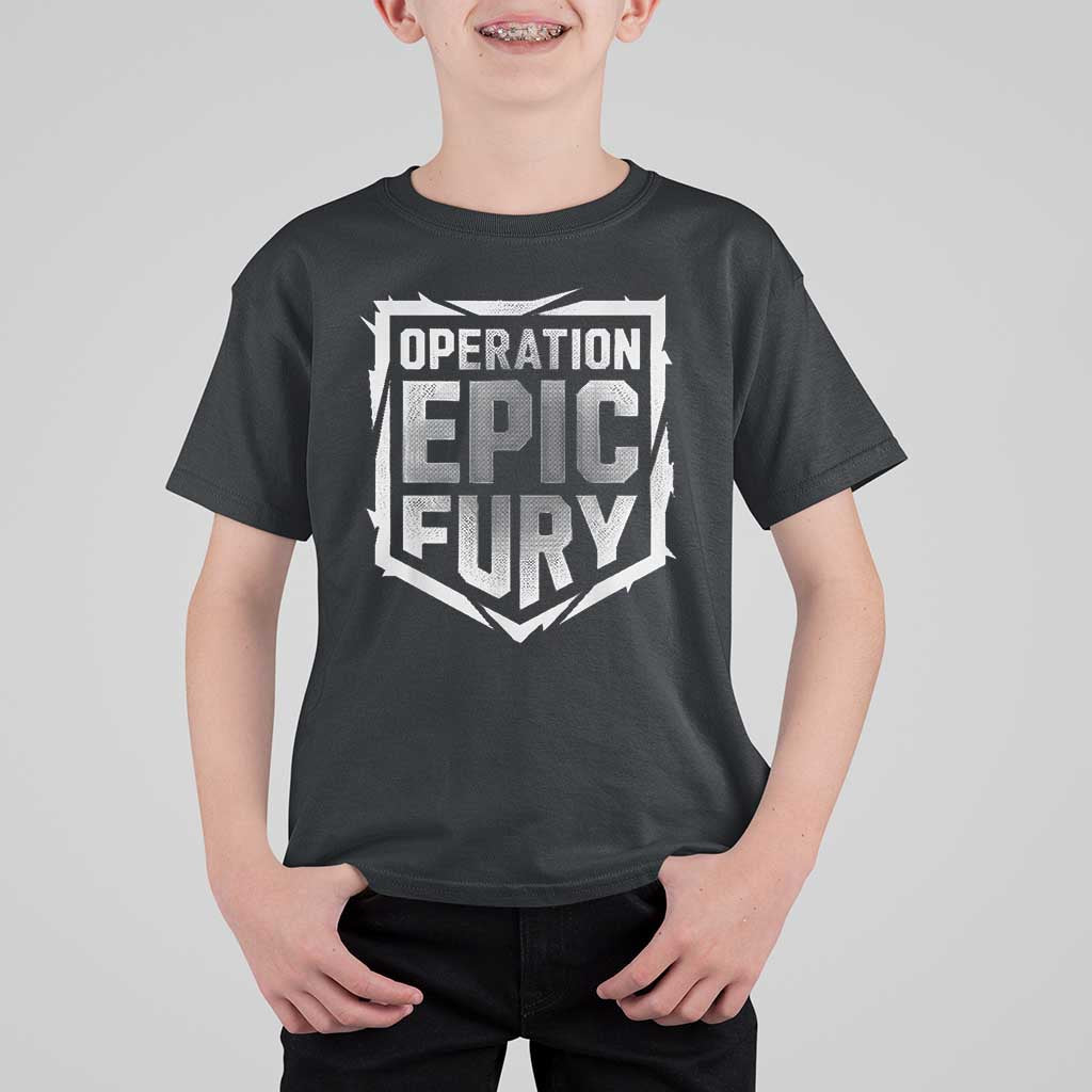 Operation Epic Fury Bold Tactical Shield Graphic T Shirt For Kid Strong Patriotic Statement Freedom Supporters