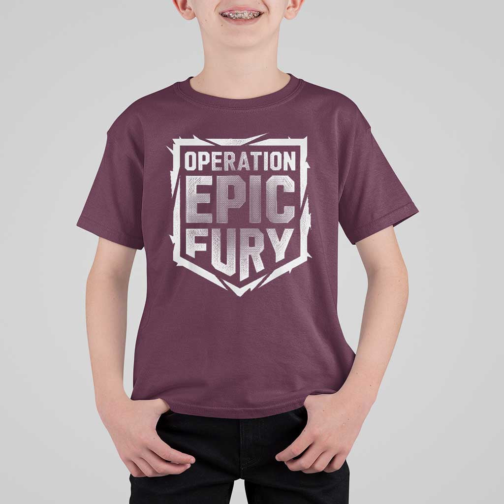 Operation Epic Fury Bold Tactical Shield Graphic T Shirt For Kid Strong Patriotic Statement Freedom Supporters