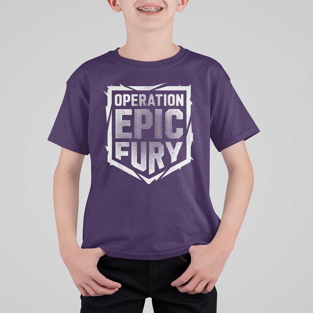 Operation Epic Fury Bold Tactical Shield Graphic T Shirt For Kid Strong Patriotic Statement Freedom Supporters