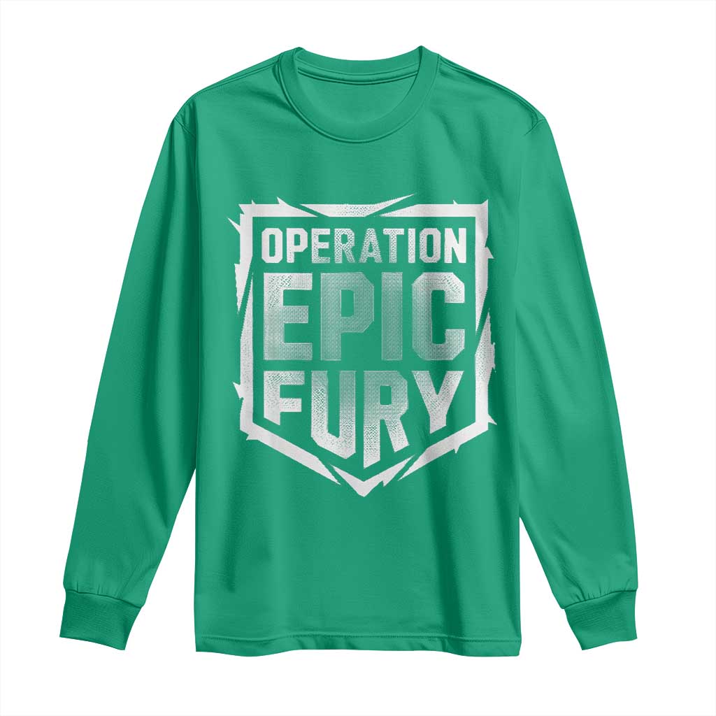 Operation Epic Fury Bold Tactical Shield Graphic Long Sleeve Shirt Strong Patriotic Statement Freedom Supporters