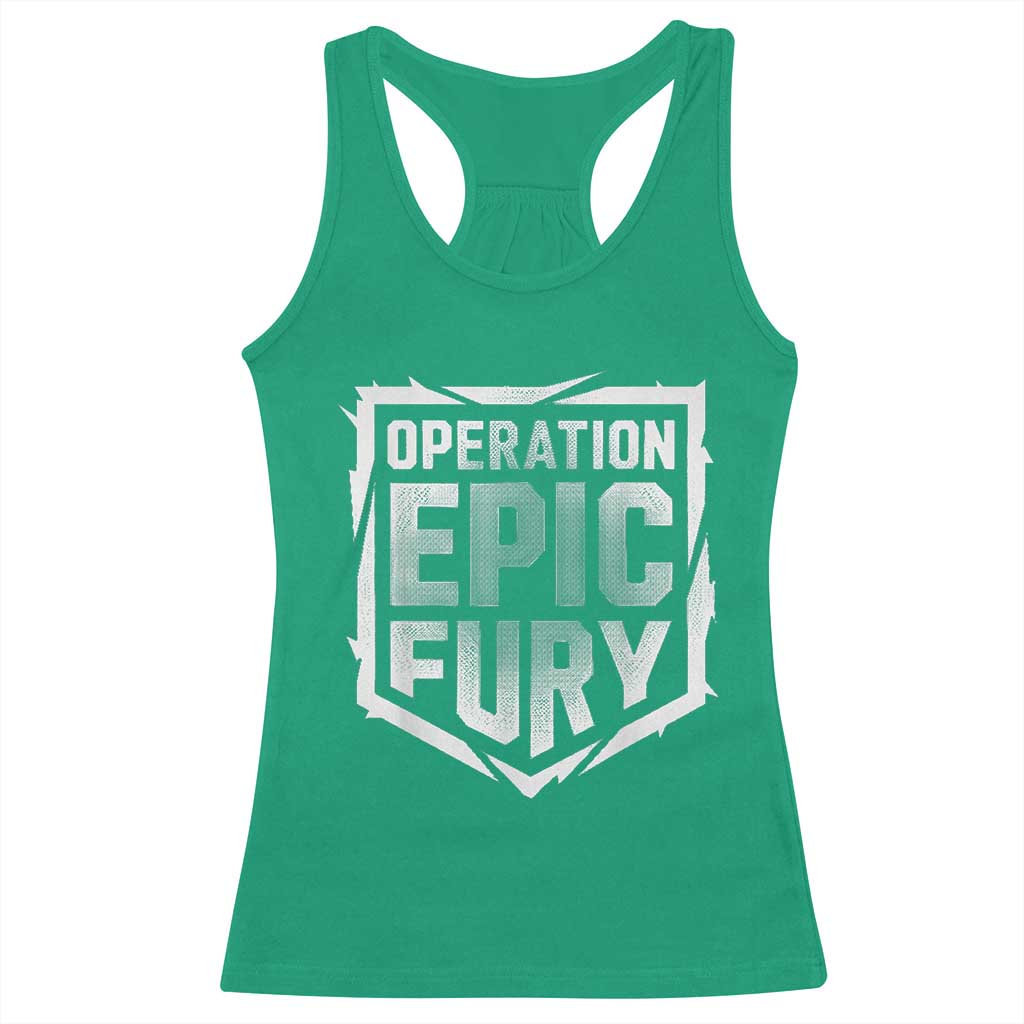 Operation Epic Fury Bold Tactical Shield Graphic Racerback Tank Top Strong Patriotic Statement Freedom Supporters