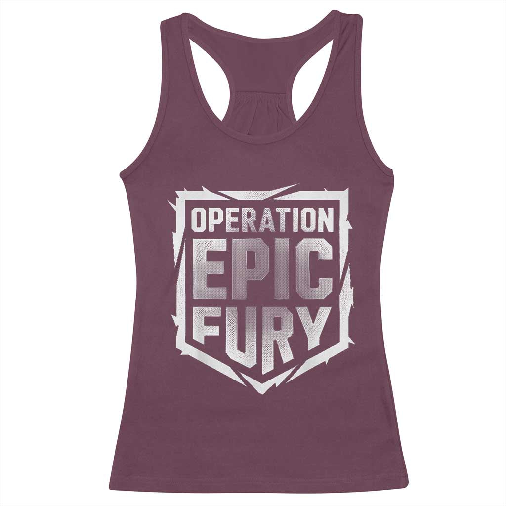 Operation Epic Fury Bold Tactical Shield Graphic Racerback Tank Top Strong Patriotic Statement Freedom Supporters