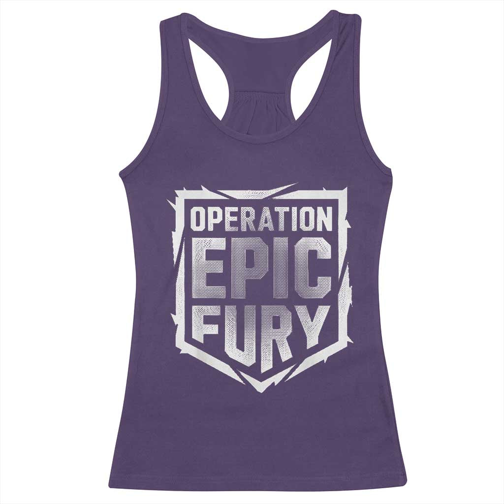 Operation Epic Fury Bold Tactical Shield Graphic Racerback Tank Top Strong Patriotic Statement Freedom Supporters